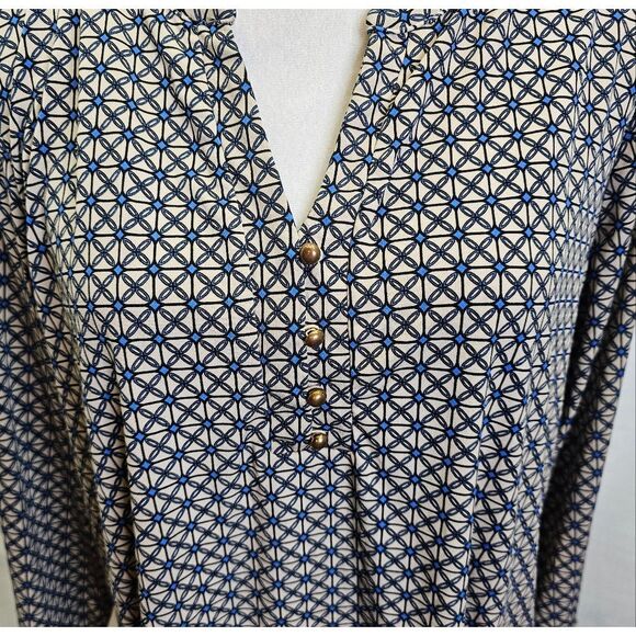 Dana Buchman Tan and Blue Geometric Print Popover Blouse Size XL - Picture 4 of 9